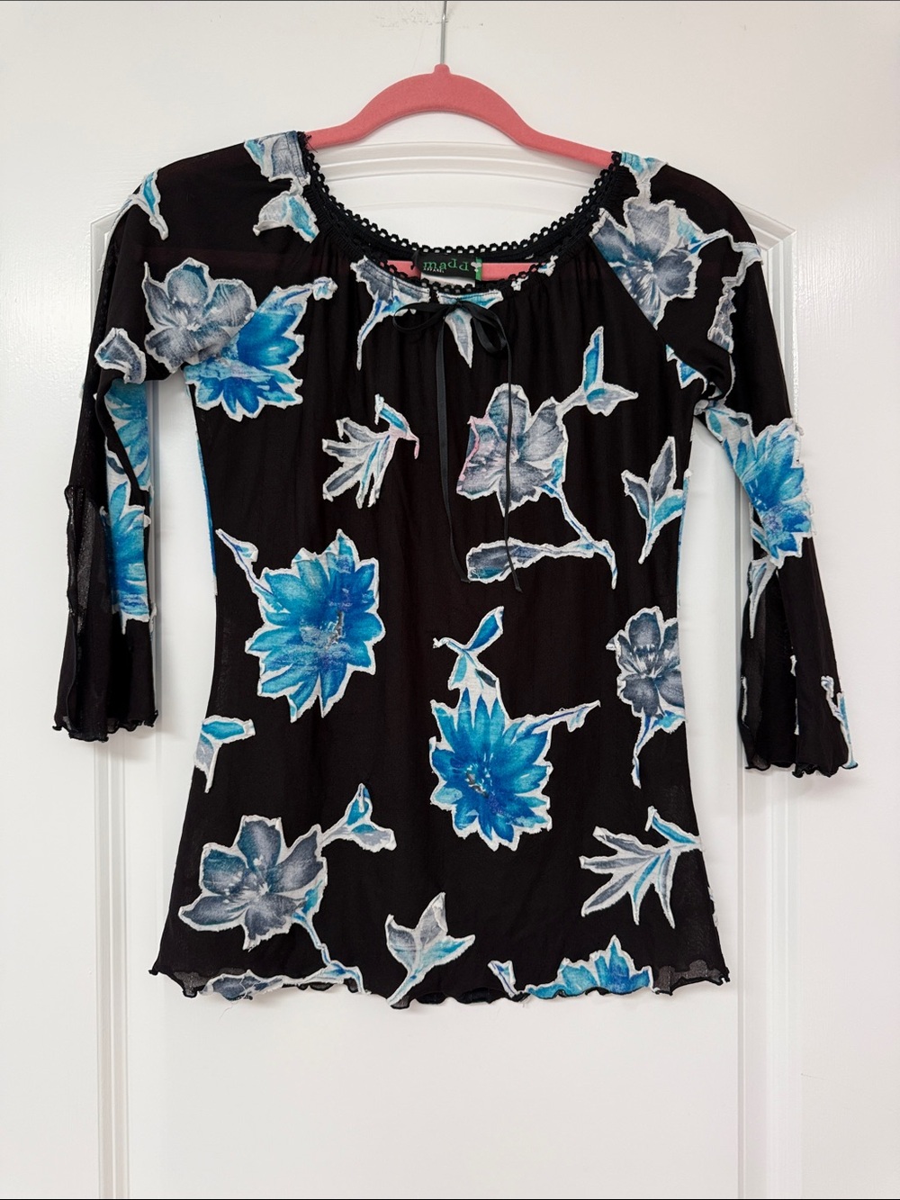 Black Long-Sleeve Scoop Neck Top with Blue Floral Print